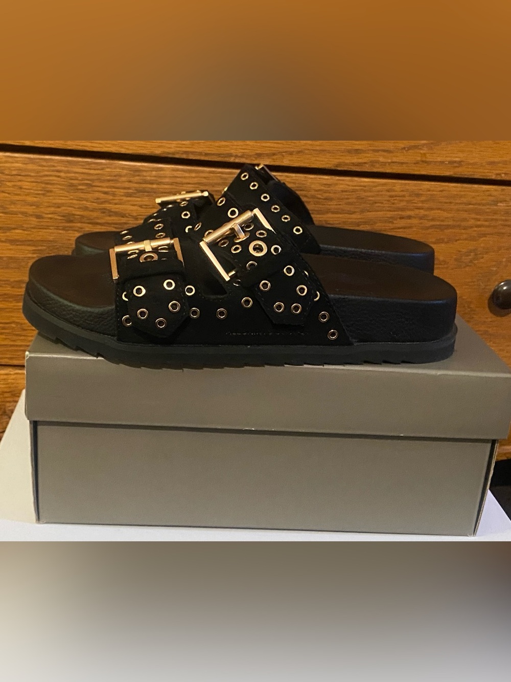 AllSaints Khai Black Slide Sandals with Gold Grommet Buckles Sz 8